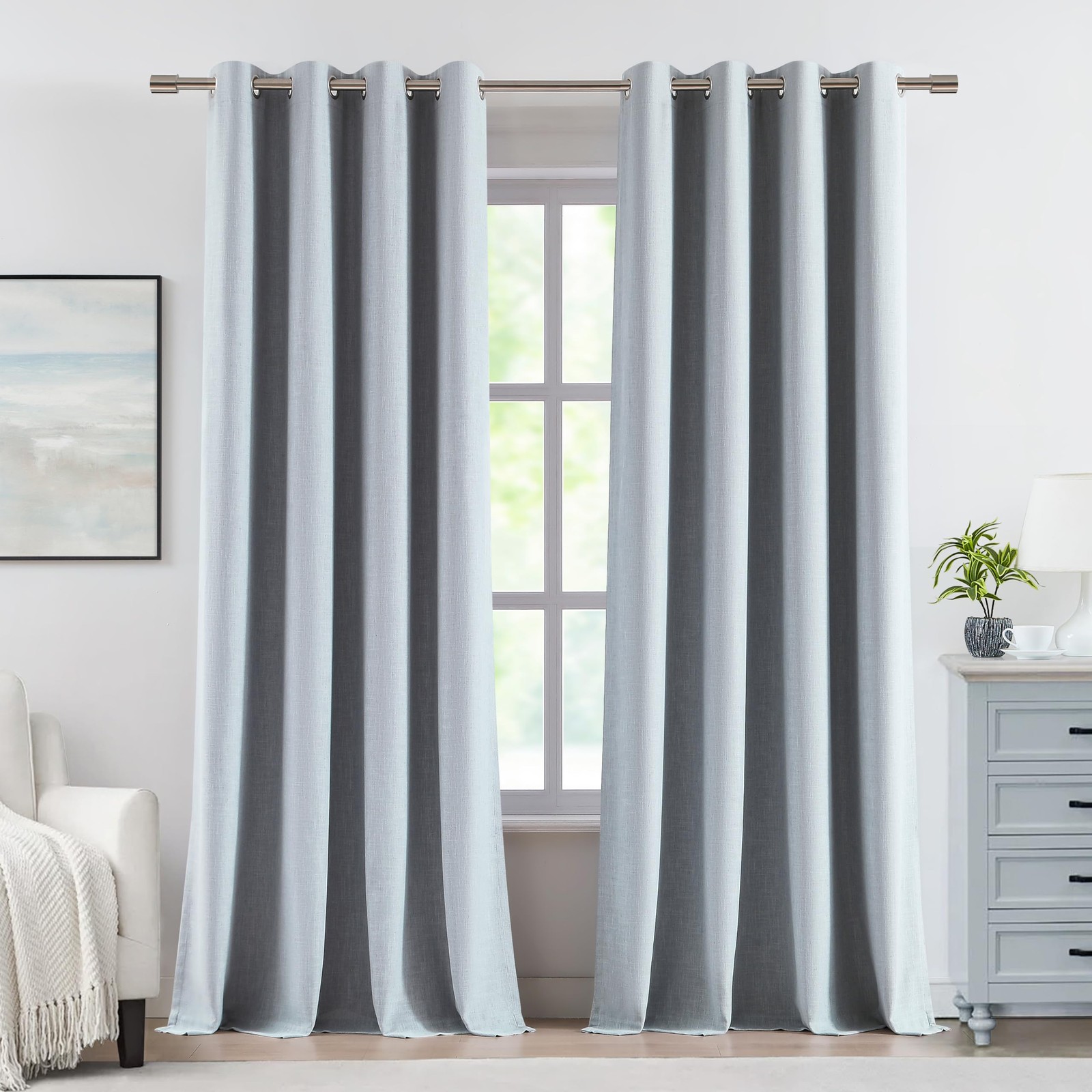 Vision Home Blue Fog Linen Full Blackout Curtains Grommet Thermal Insulated