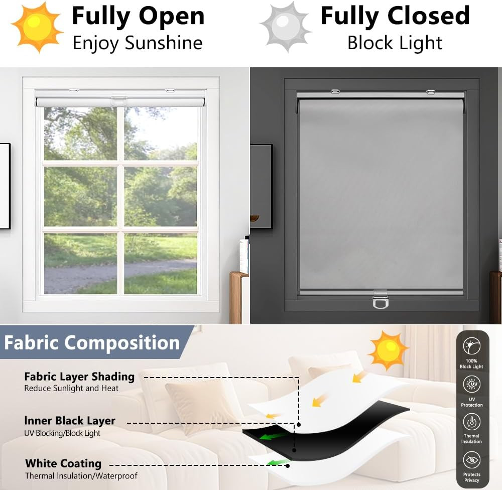 SHADEMOON Cordless Blackout Window Roller Shades, Pull Down Spring System Indoor