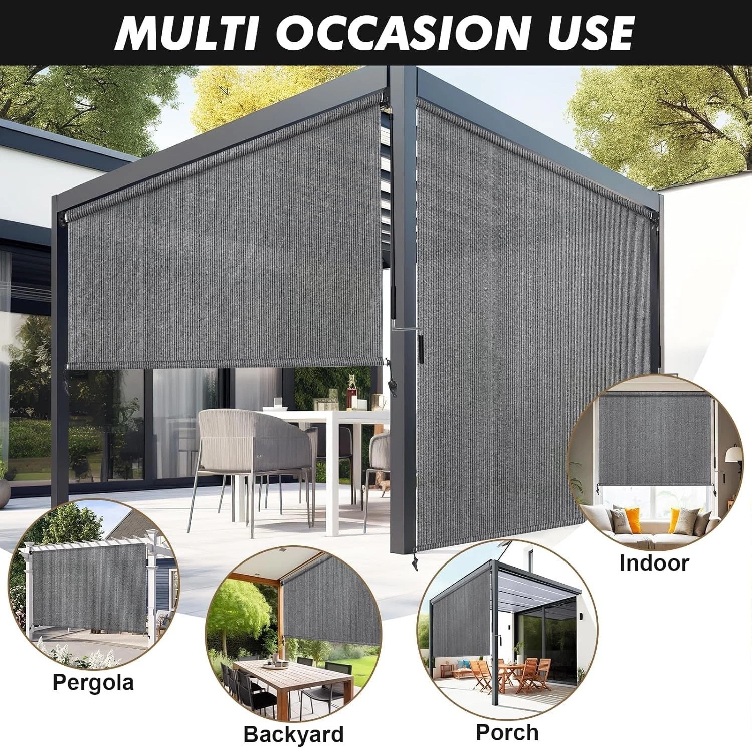 Outdoor Roller Shade 10′ W x 8′ H, Gray Exterior Cordless Patio Shades Roll U…
