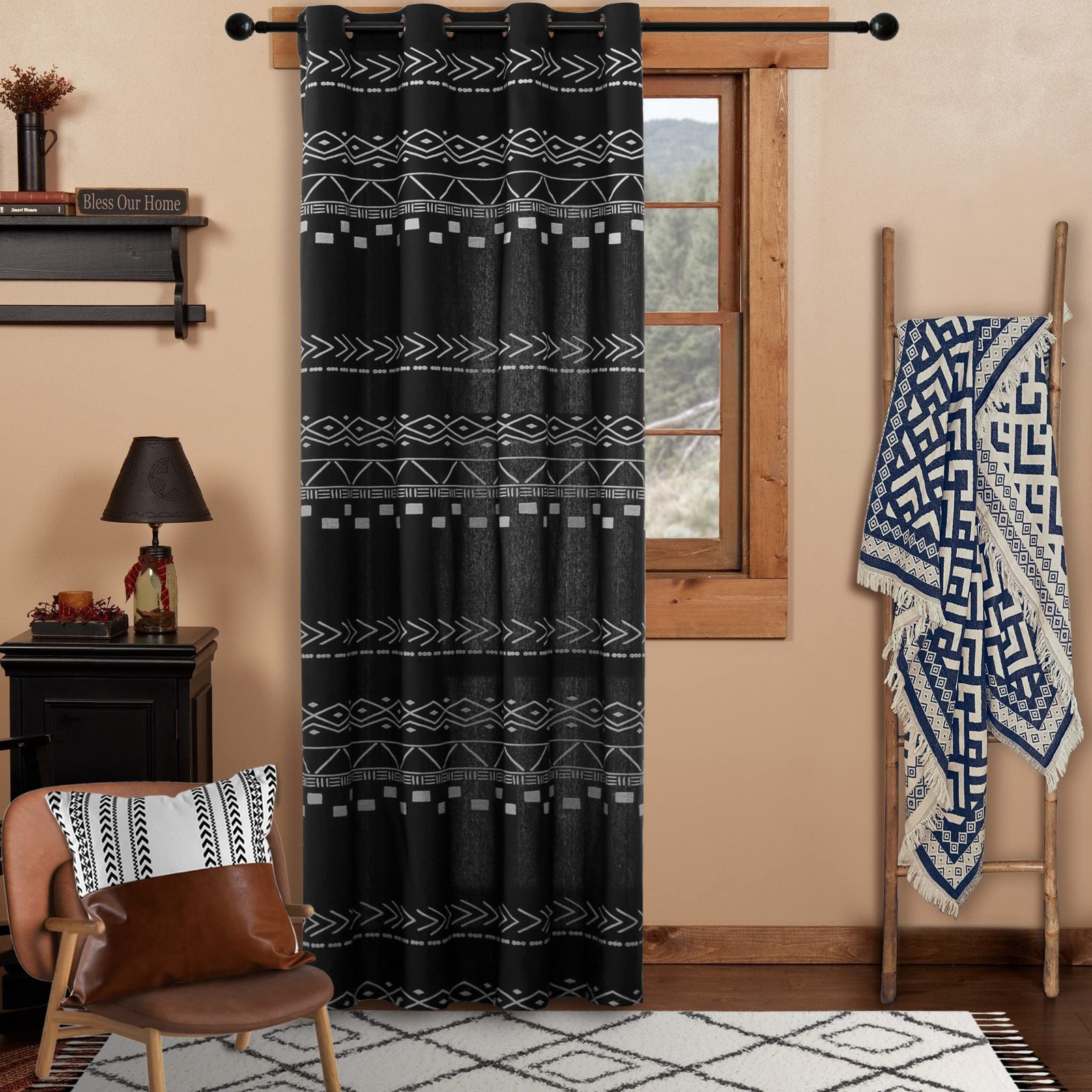 Black Curtains 84 Inches Long for Living Room,Beautiful Vintage Opaque Sheer/Sem