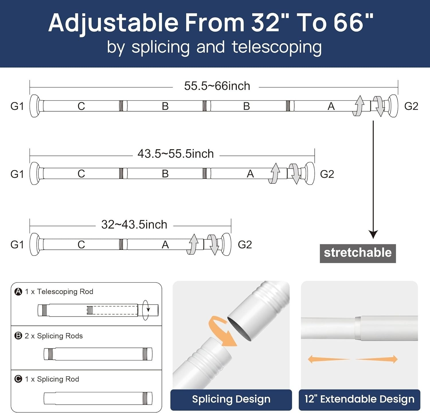 ENJOYBASICS Adjustable Spring Tension Curtain Rod 32 in to 66 in, 2 Pack, White