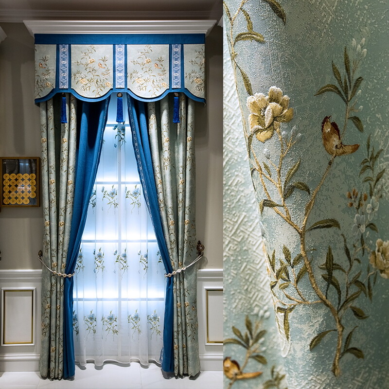American living room jacquard blue cloth blackout curtain valance drape C1278