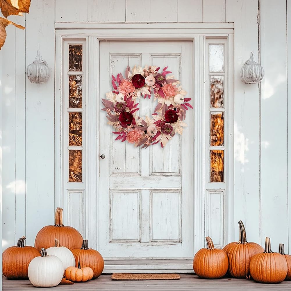 Briful 26″ Artificial Fall Wreath with Velvet Pumpkins, Chrysanthemums & Pink…