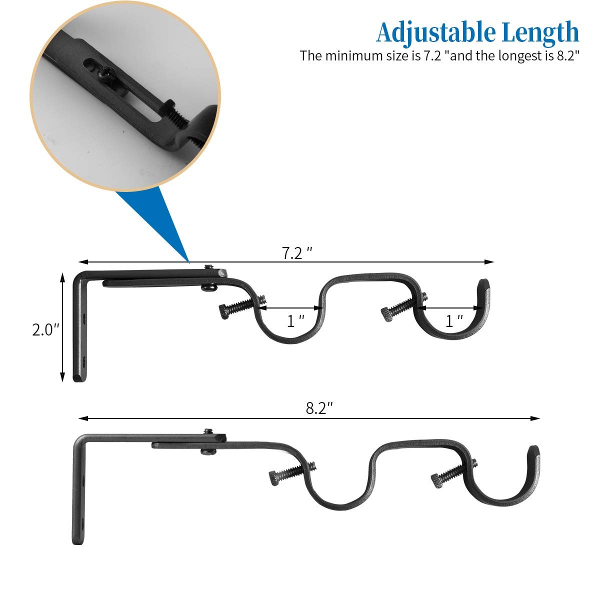4 PCS Black Heavy Duty Curtain Rod Brackets Adjustable Double Holder For 1″
