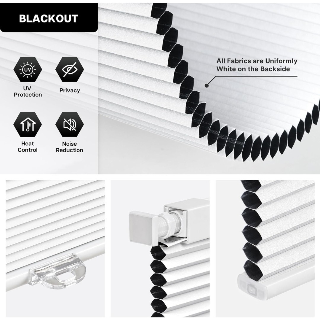 LazBlinds Cordless Cellular Shades No Drill Blackout Honeycomb Shades 22’w×36’h