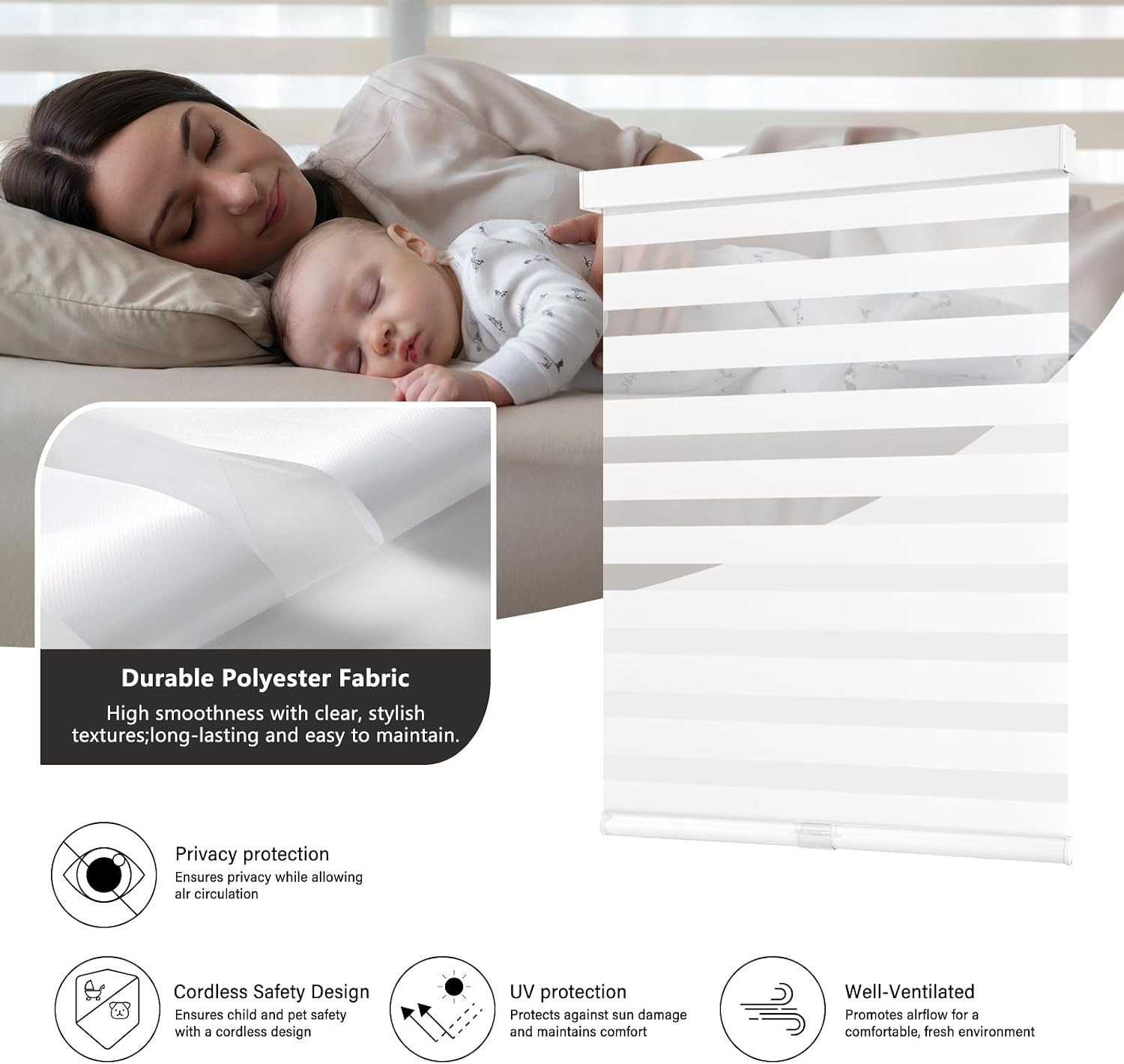 Cordless Zebra Blinds for Windows Pull down Roller Window Shades Dual Layer Ligh