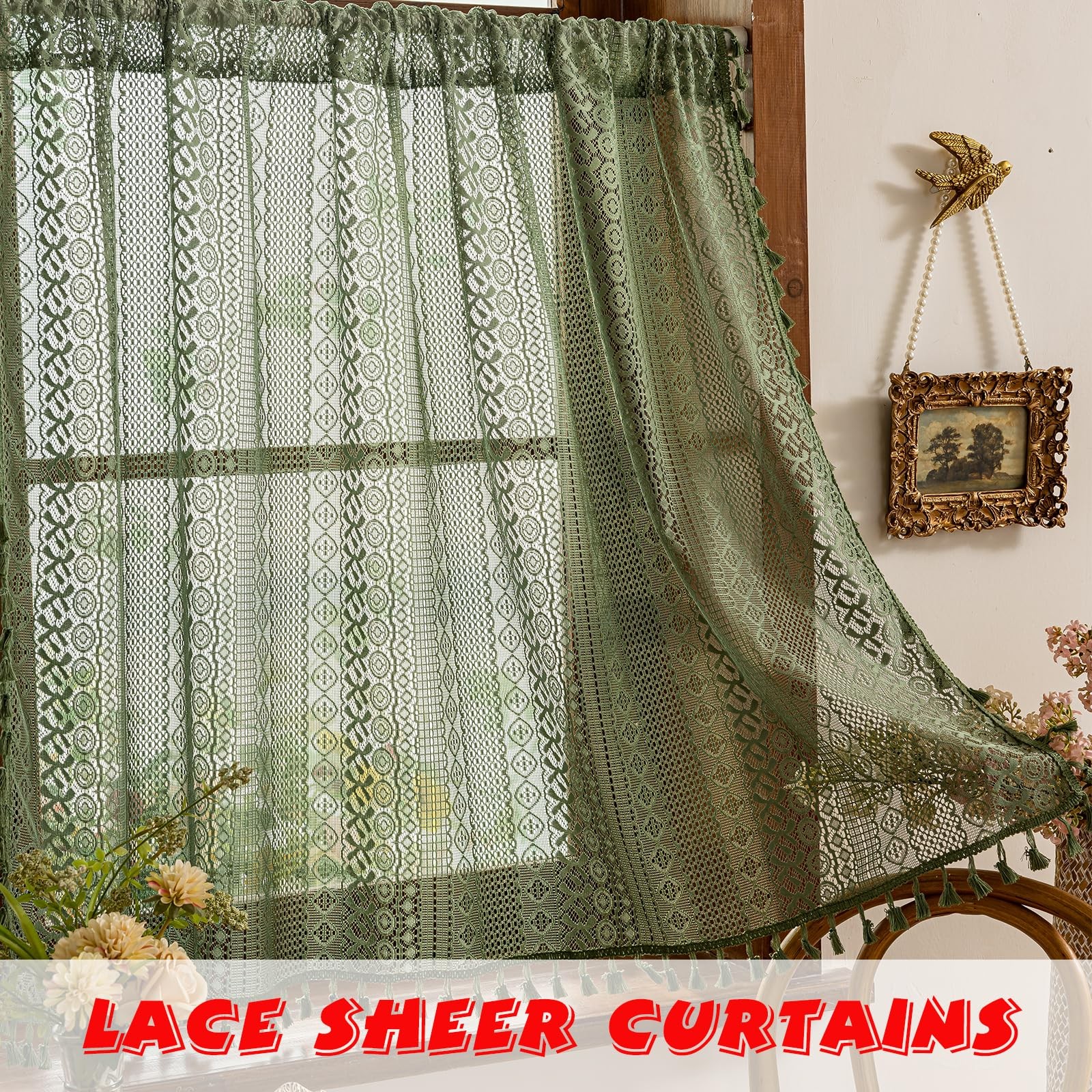 Olive Green Boho Window Curtains Valance 18 inches Long 2 Panels, Farmhouse L…
