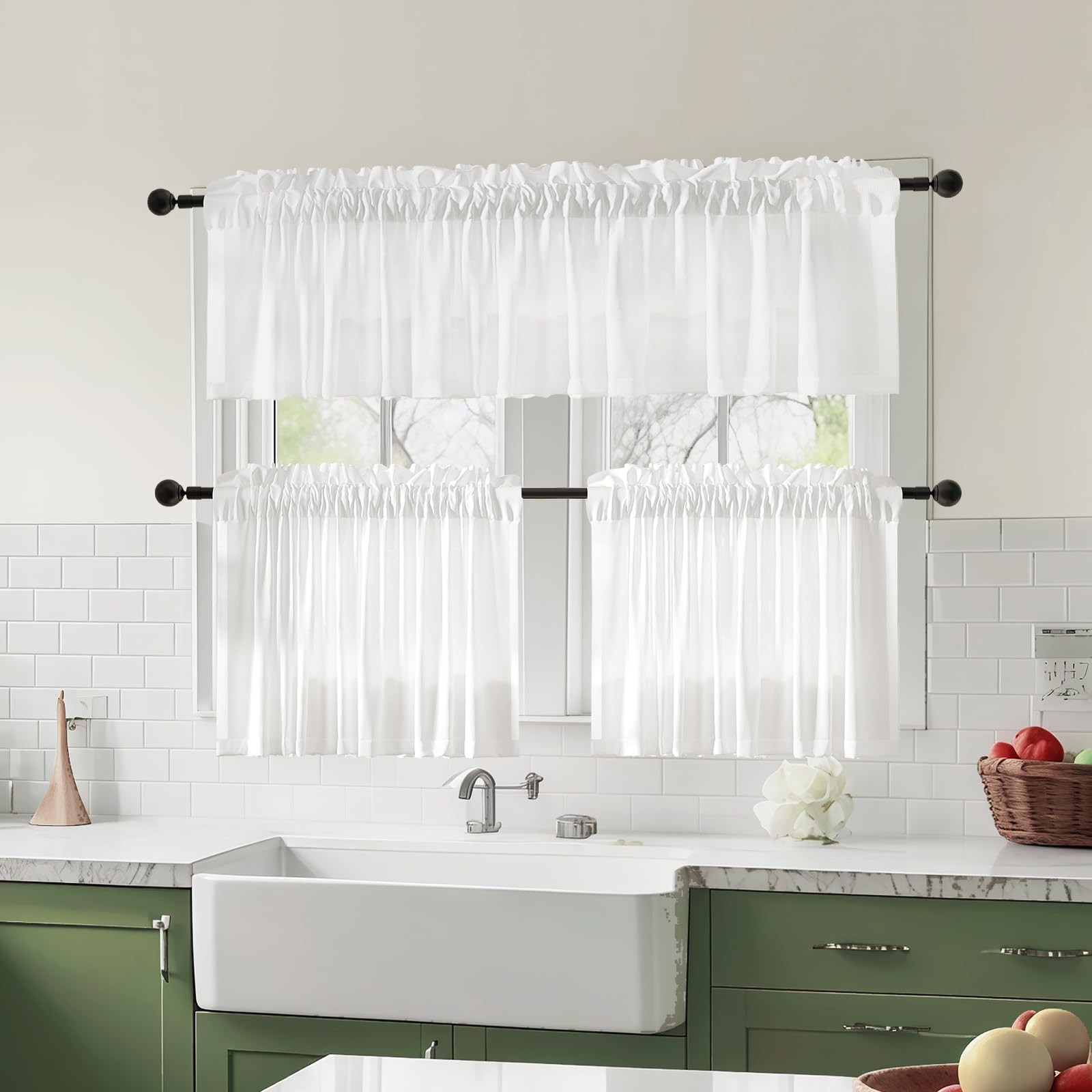 Non-See-Through Valance Kitchen Curtains 18 Inch Length 2 Panels Set, Off White