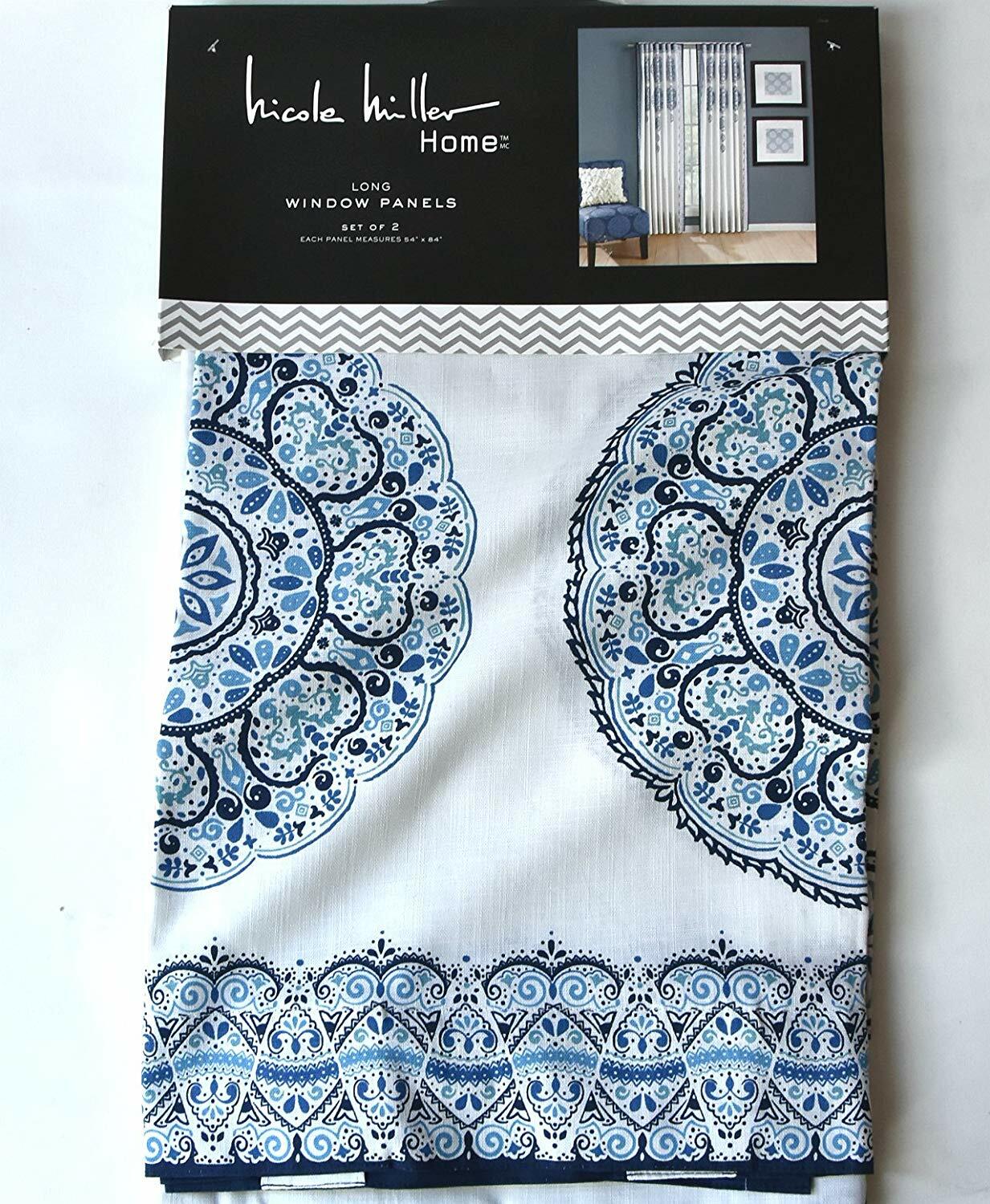 Nicole Miller Medallion Set of Window Panels Blue White with Tiled Edge 50 x 84”