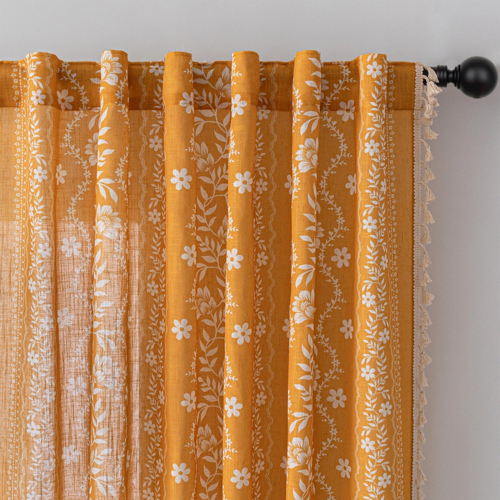Boho Floral Curtains 84 inch Long 2 Panels Set Golden Mustard Yellow Farmhous…