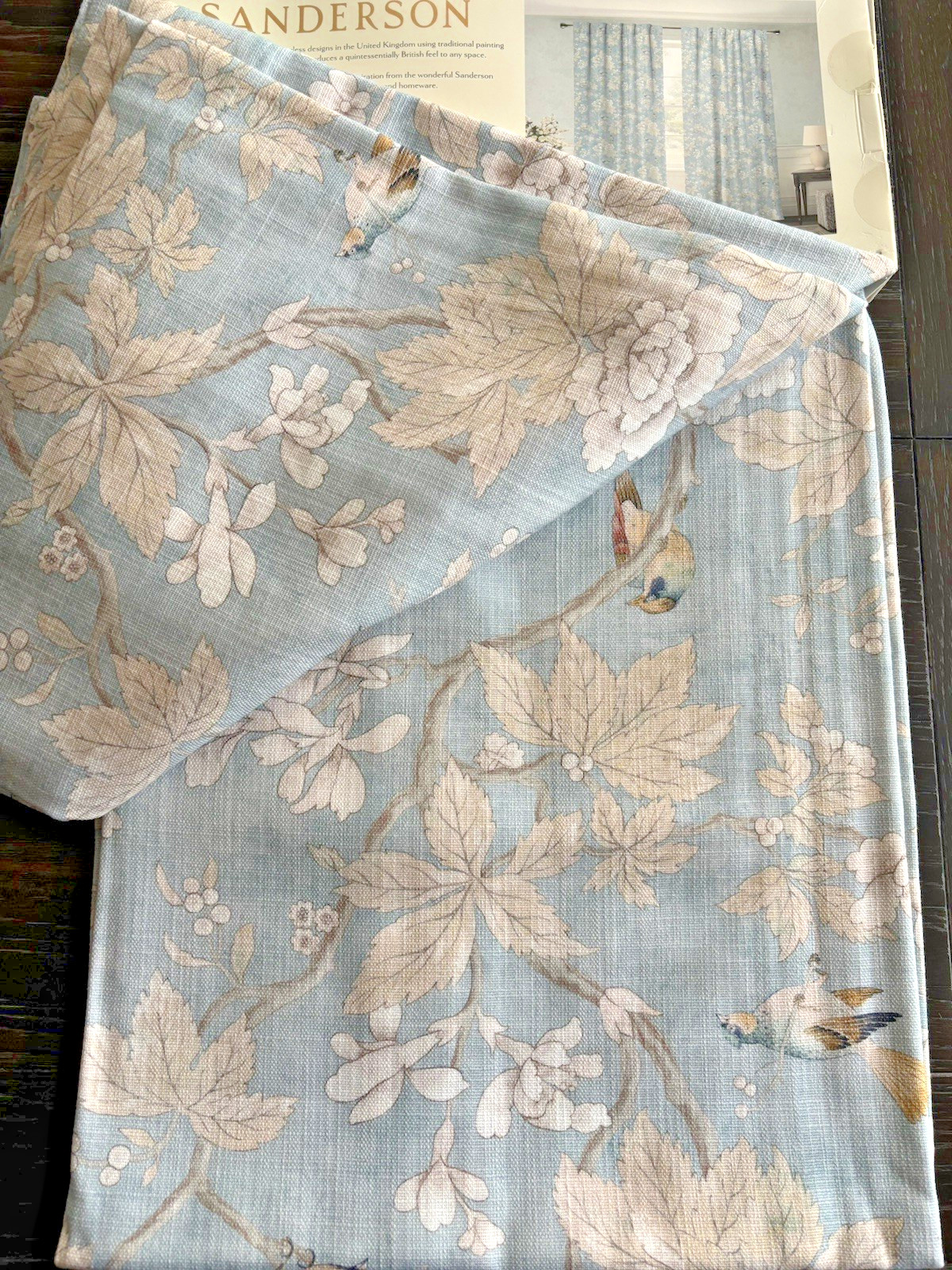 SANDERSON Chiswick Grove Floral Bird Cotton Curtains 2 Drapes 50″ x 84″ Blue
