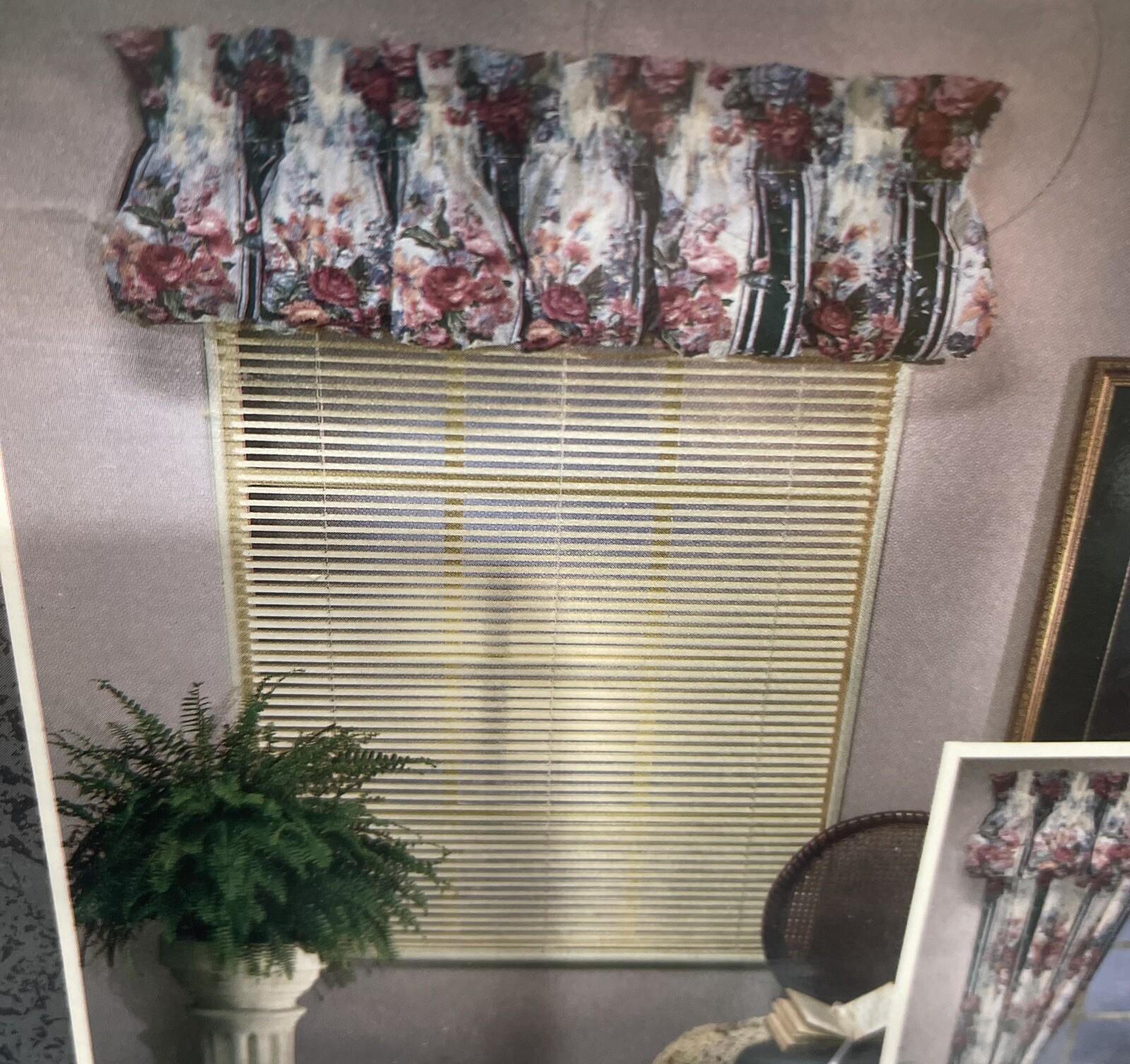 Vintage Blouson Valance Green Stripe & Pink Floral 86″ x 15″ NOS Usa Made