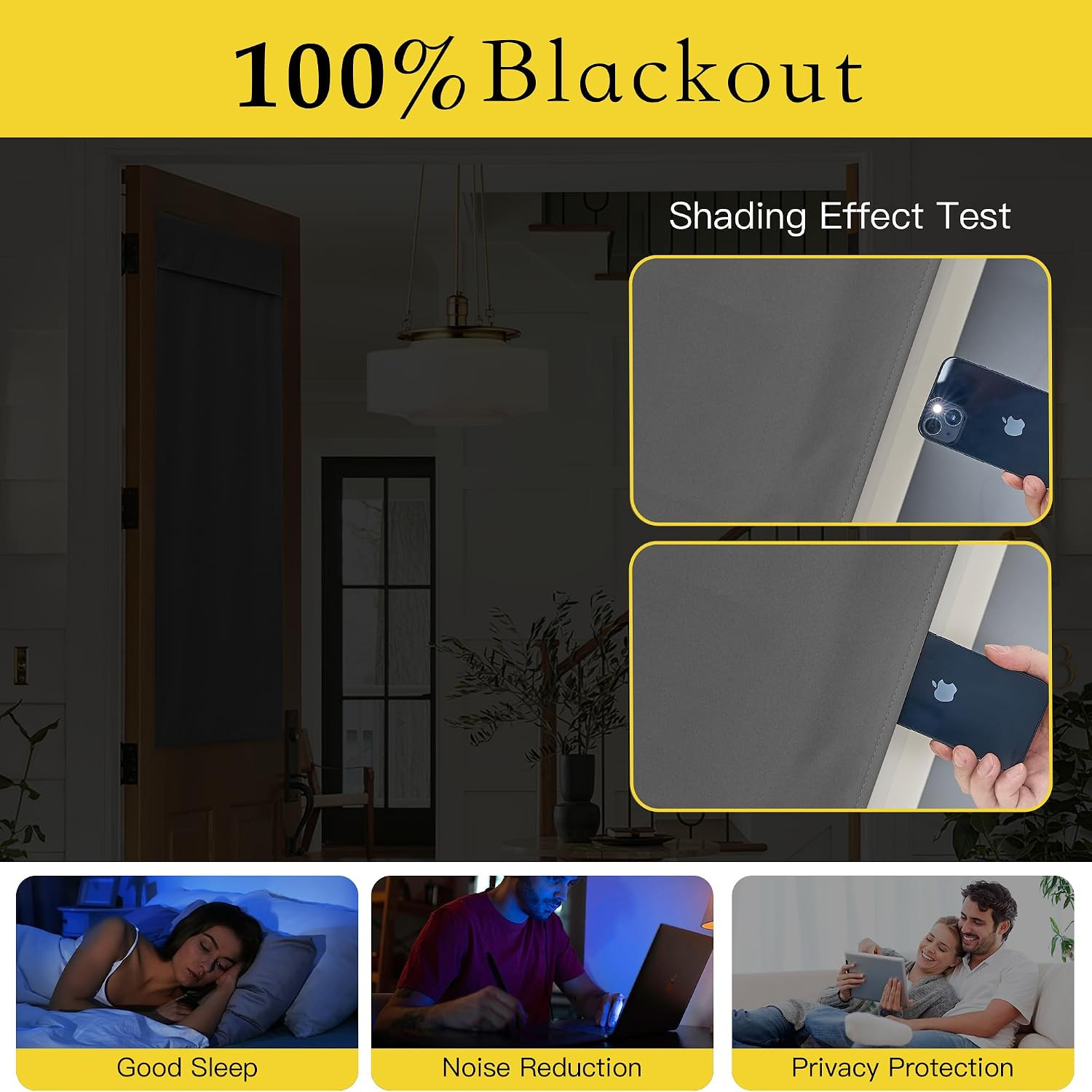 100% Blackout French Door Curtains, Privacy Thermal Insulated Tie up Glass Shade