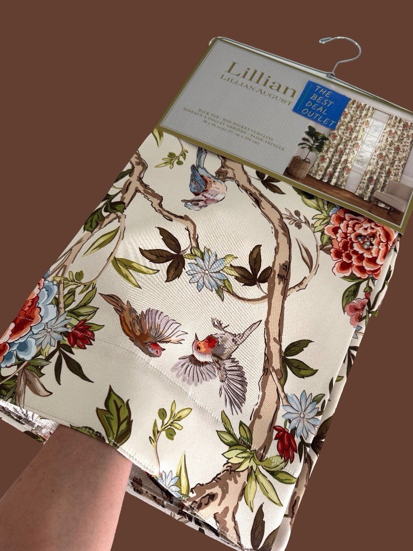 Lillian August Window Curtains 2 Panels 38 x 96″ Cream Birds Drapers Back Tab