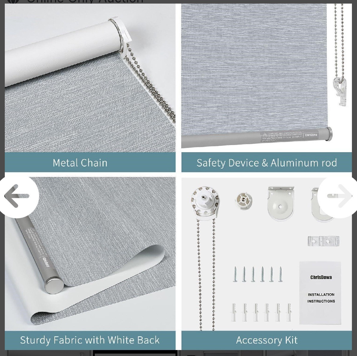 ChrisDowa 100% Blackout Roller Shade, 34”W x 72″ H, Grey (1277)