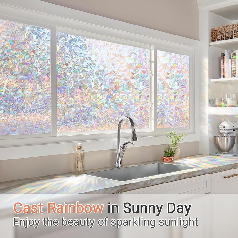Rabbitgoo 3D Window Film Stained Glass Rainbow Window Static Clings 17.5″x78.7″