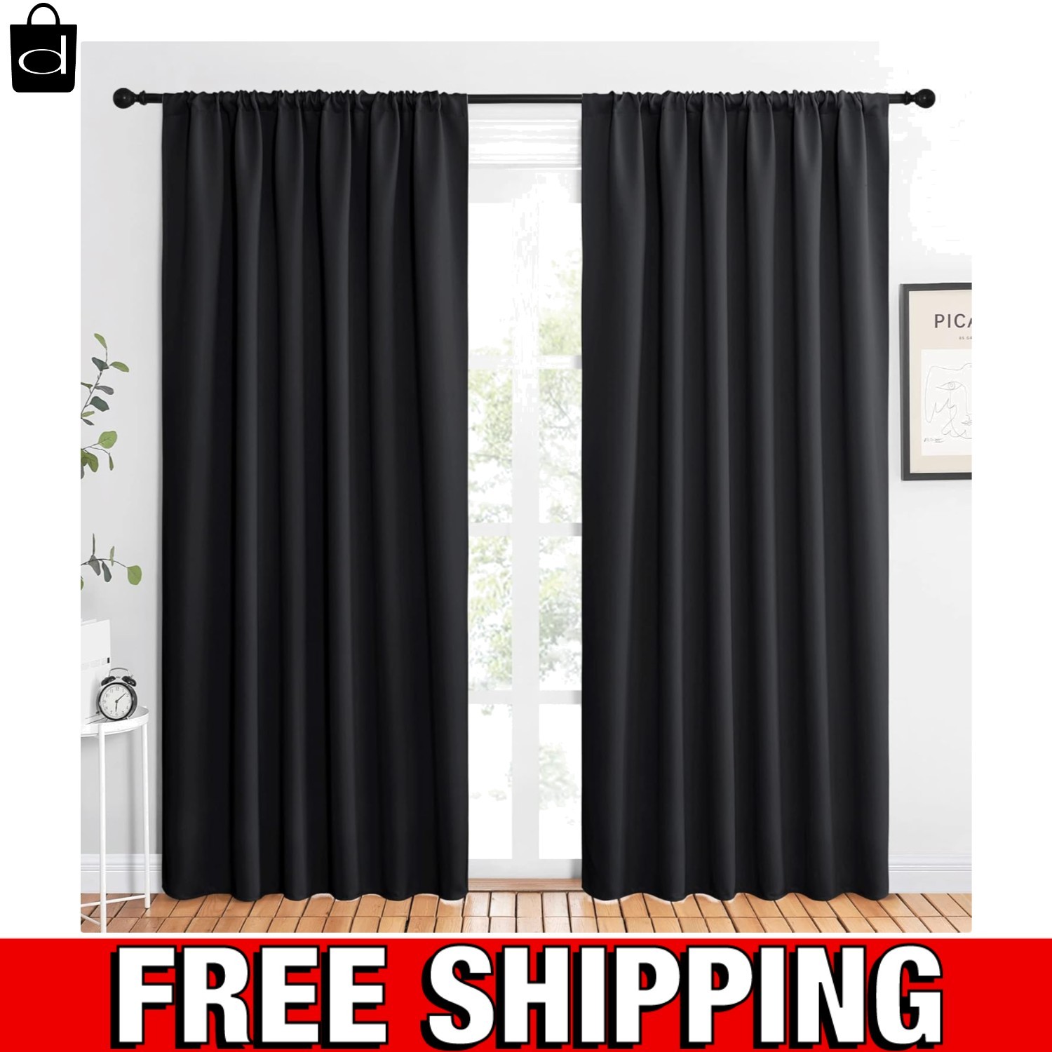 Art Deco Black Blackout Drapes – Noise Reducing Window Treatments (Pack of 2)