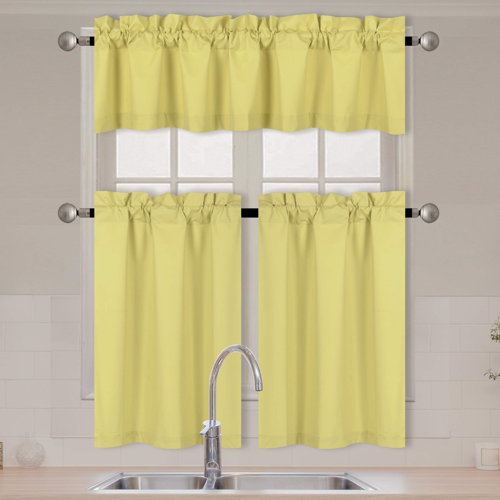 Fancy Collection 3 Piece Faux Silk Blackout Kitchen Curtain Set – Tier Curtai…