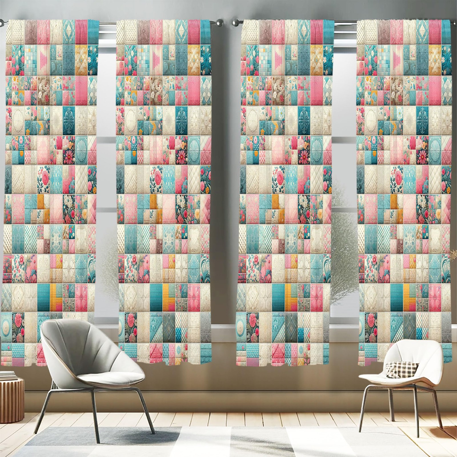 Ambesonne Floral Window Curtains Pack of 2 – 28″ x 84″ Eggshell Pink Teal