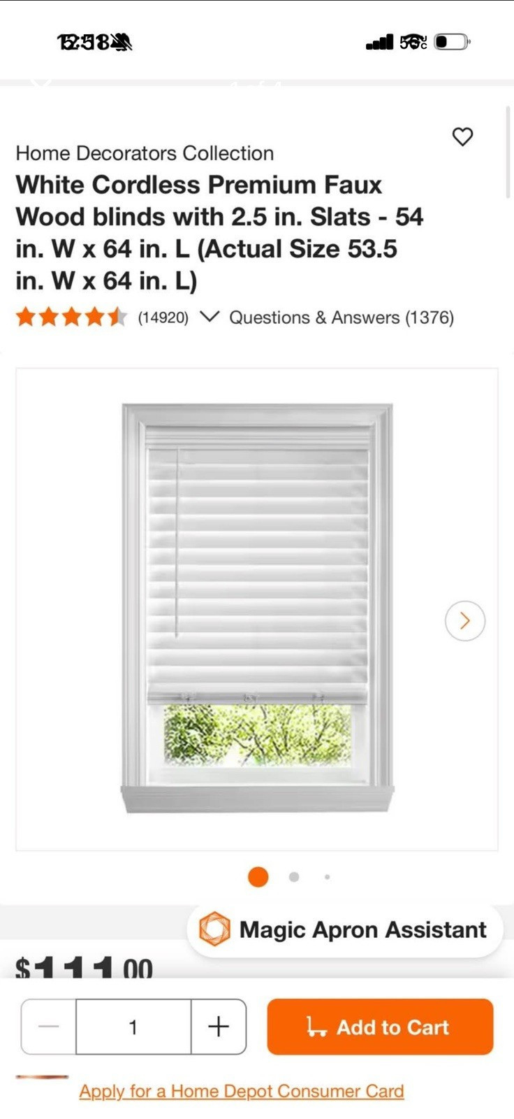 Home Decorators Collection Cordless Faux Wood Blind White 54×64 2.5in Light Fil…