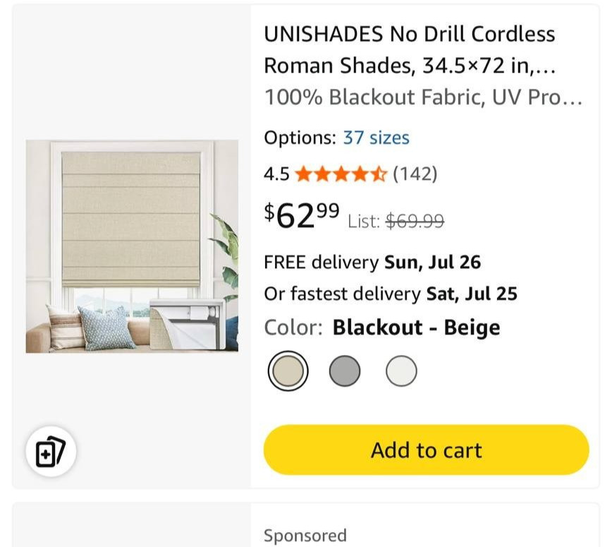 UNISHADES No Drill Cordless Roman Shade Beige 34.5” x 72” Blackout Window Blind