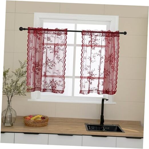 Lace Kitchen Curtains 30 Inch Length Rod 26″W x 30″L (Pack of 2) Burgundy
