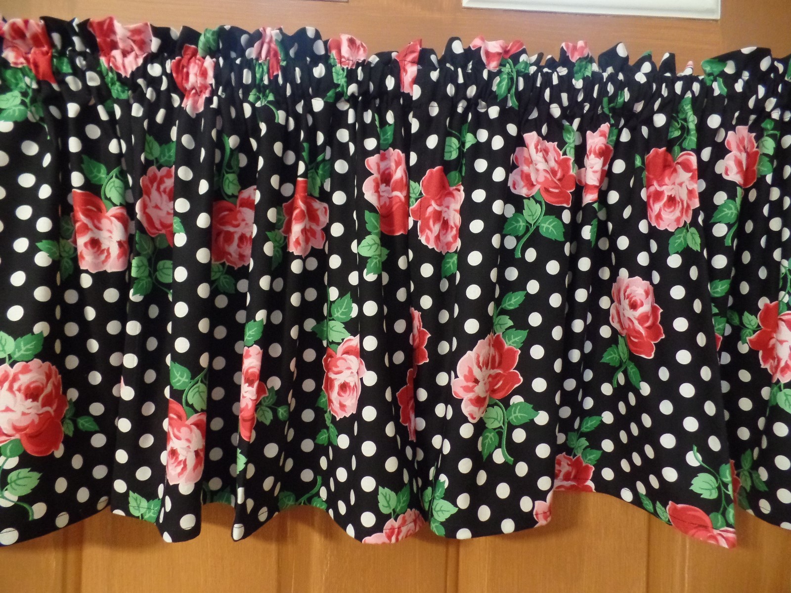 Red/Pink Roses On Black, White Dots, Handmade Door, Bedroom, Window VALANCES