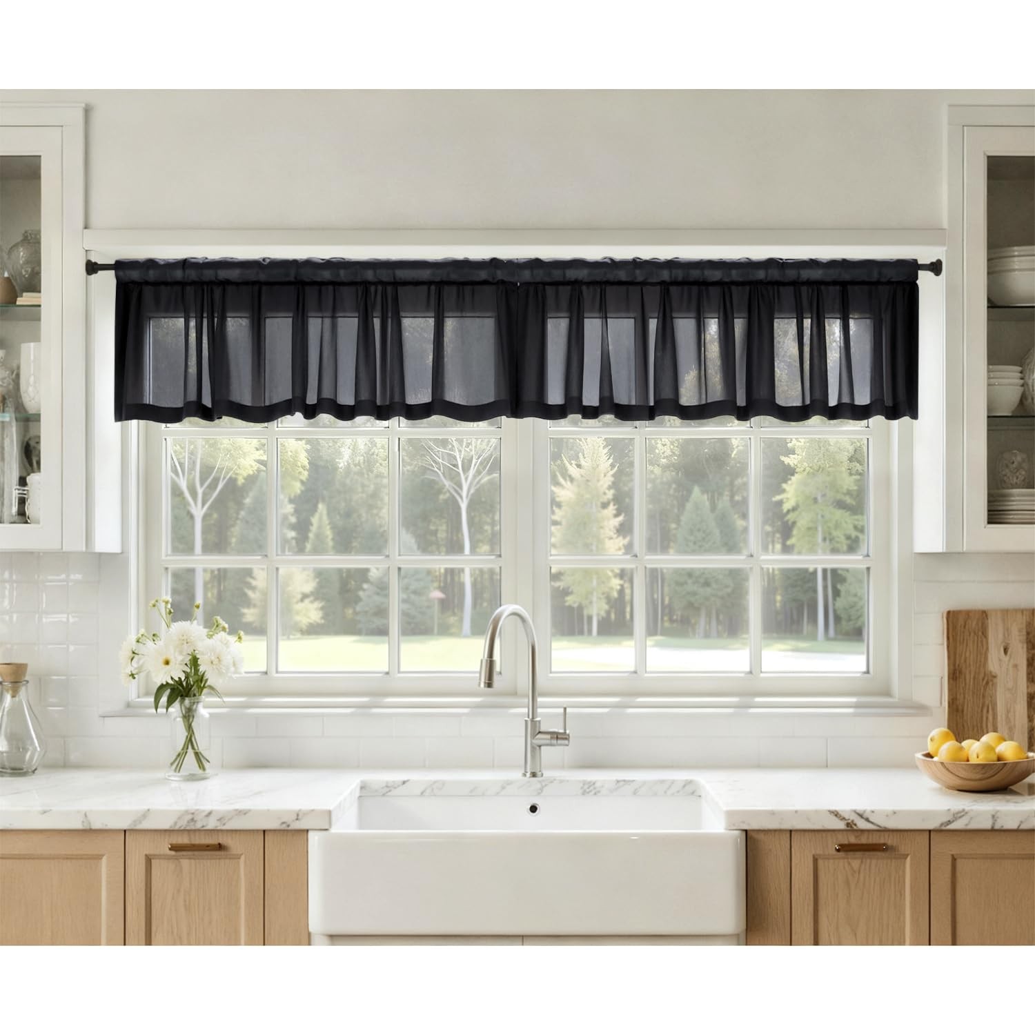 Black Window Valance Set, 4 Panels, Light Filtering, Small Windows Treatment,