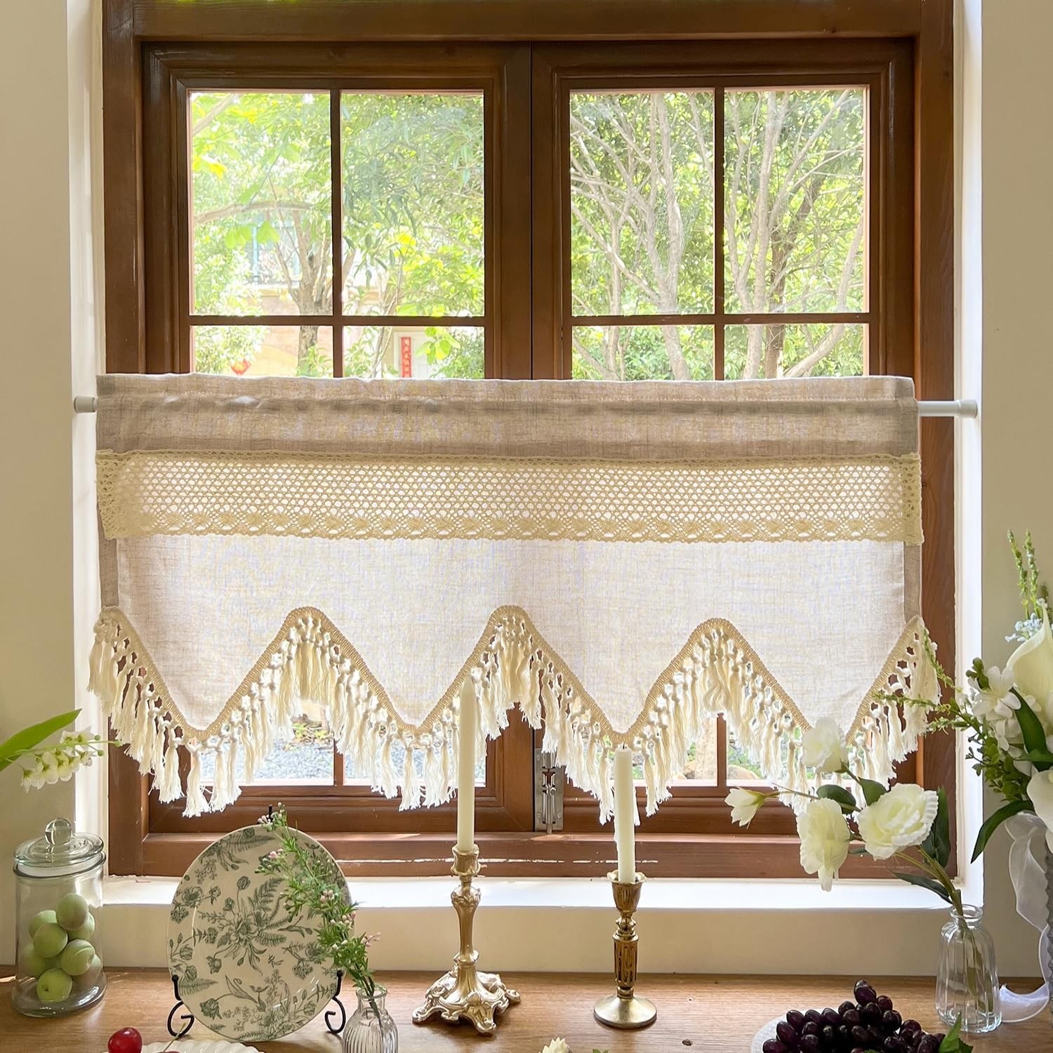 Boho Crochet Lace Valances for Windows Kitchen Macrame Linen Sheer Valances w…