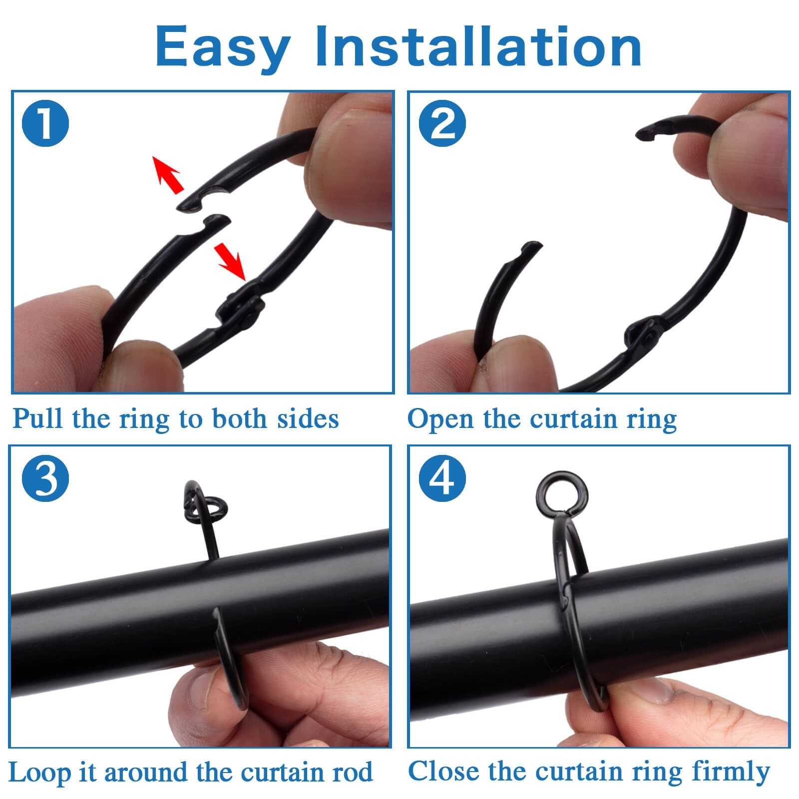 24PCS Black Curtain Rings 1.5 Interior Openable Eyelet Heavy Duty Drapes