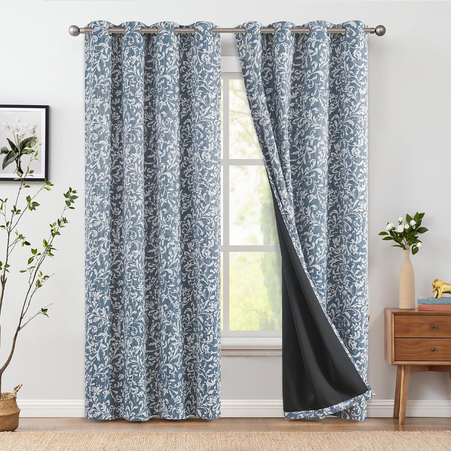 Blue Floral Blackout Curtains 84″ – Vintage Art Deco Thermal Drapes, 2 Panels