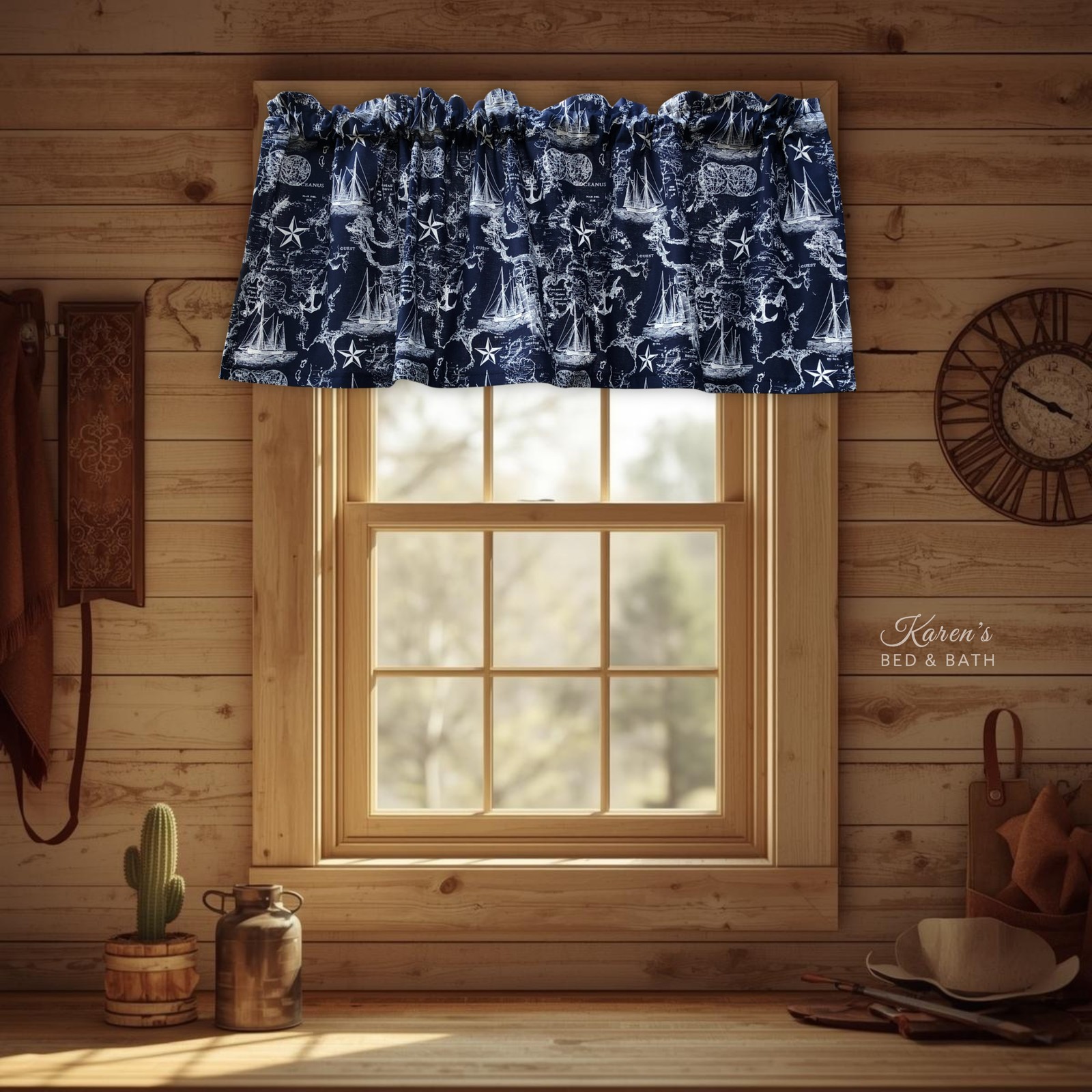Nautical Map Valance – Navy Anchor Kitchen Curtain – Vintage Coastal Beach House