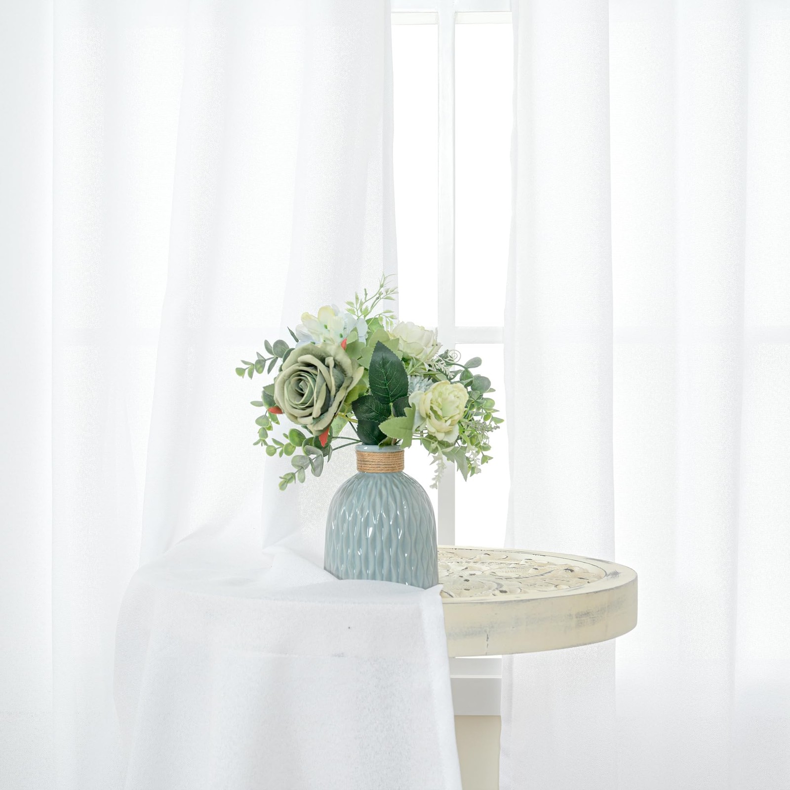 48 Inch Length White Linen Curtains, Short Light Filtering Drapes with Bronze…