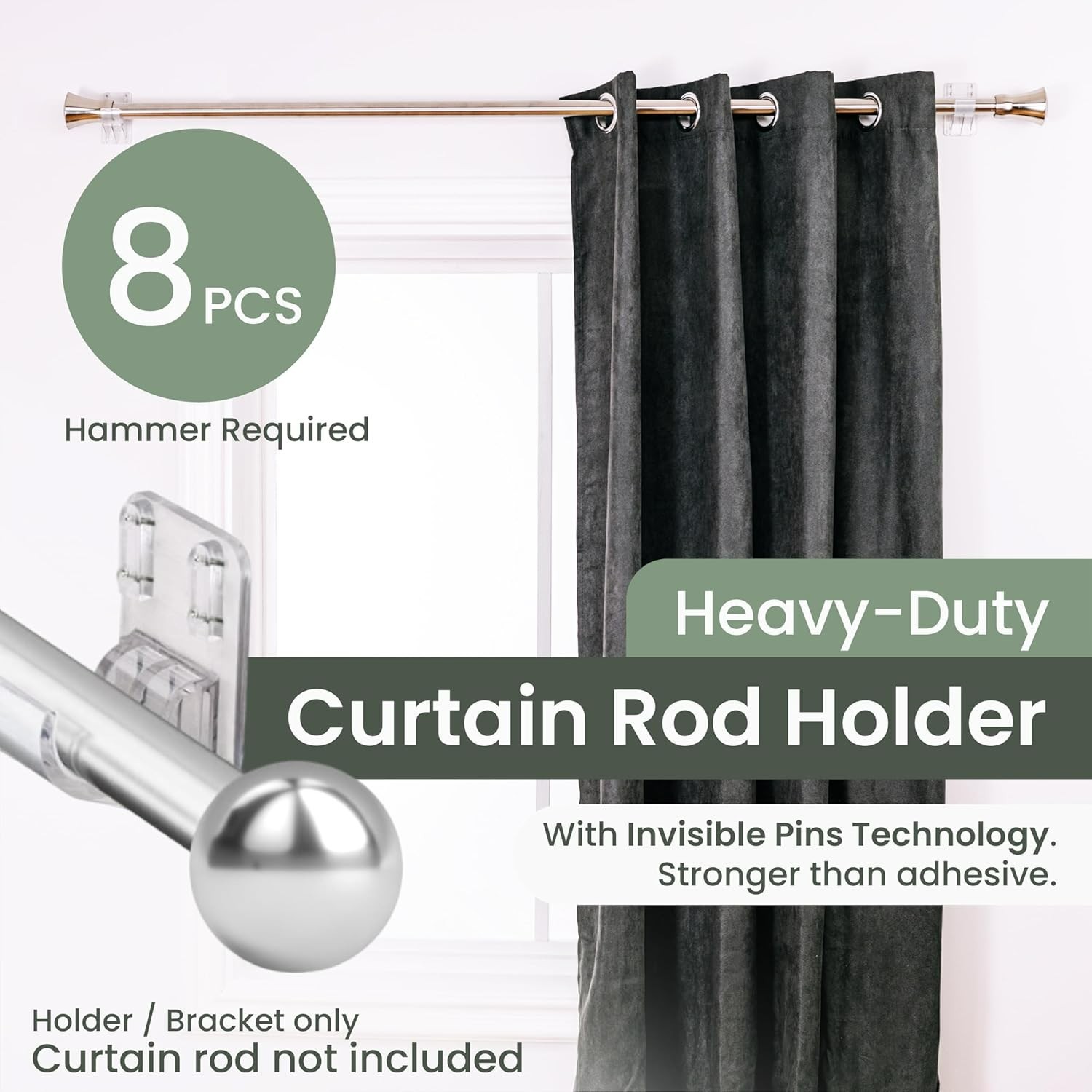 Minimalist Curtain Rod Brackets – 5X Stronger Support, 8 Pack with Pin Guide