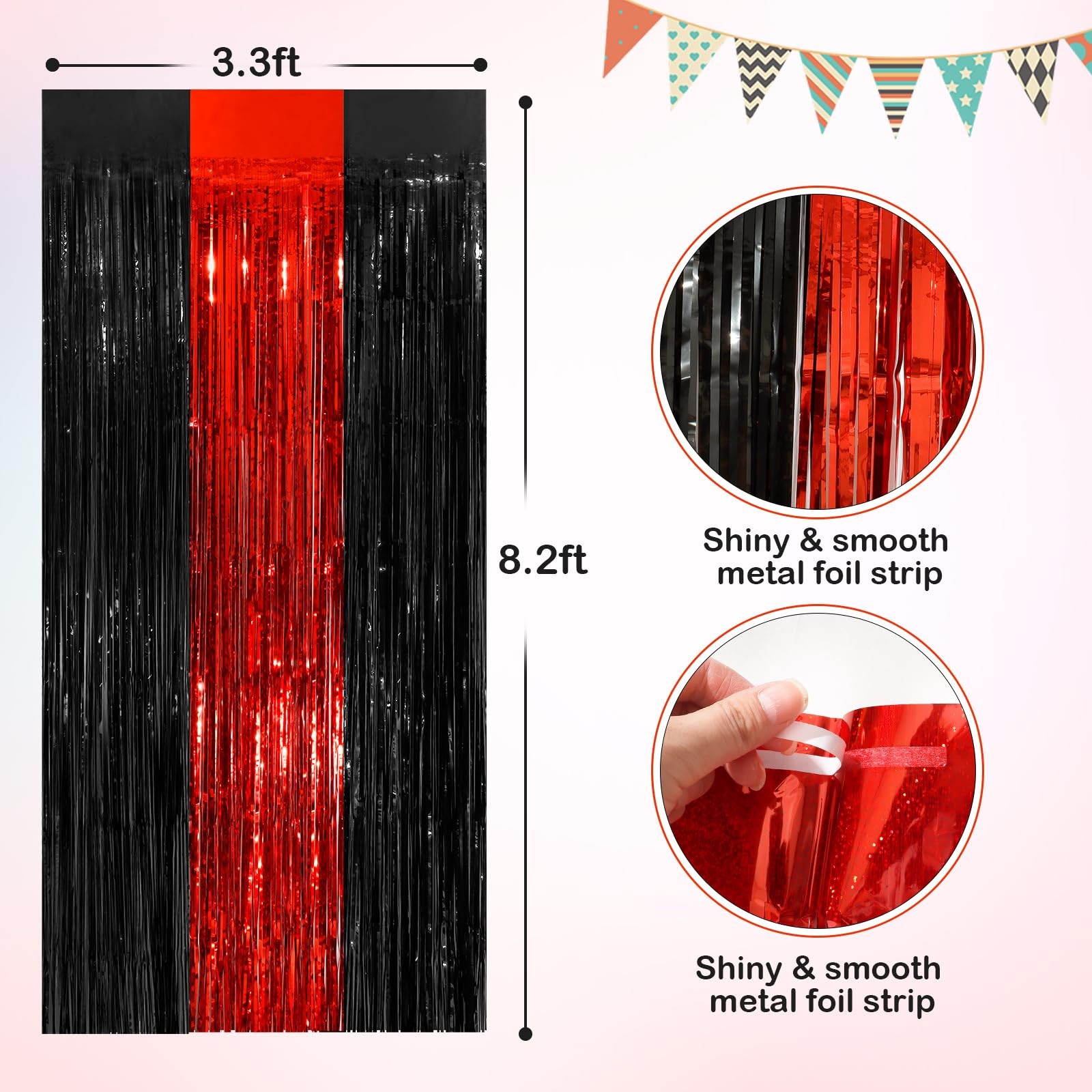 4 PCS Black Red Metallic Tinsel Foil Fringe Curtains 3.3×8.3 Feet Party Drop