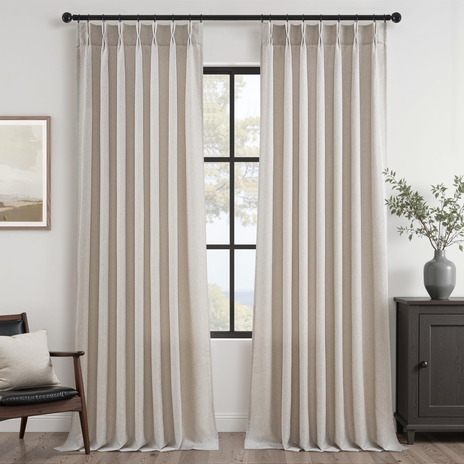 Pinch Pleated Linen Curtains 96 Inches Long for Living Room 2 Panel Set Oatme…