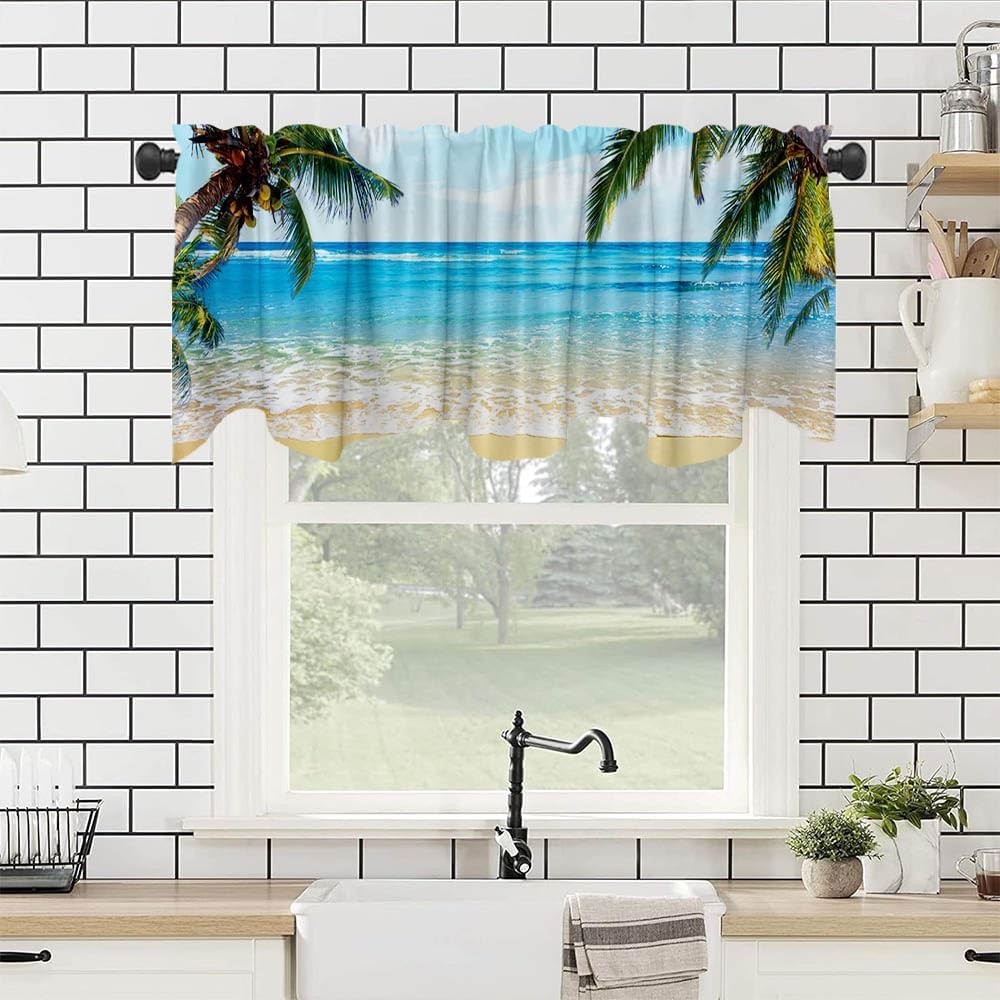 54×18 Inches Blue Sea Seaside Window Treatment Valance Coconut Tree Fine Summer