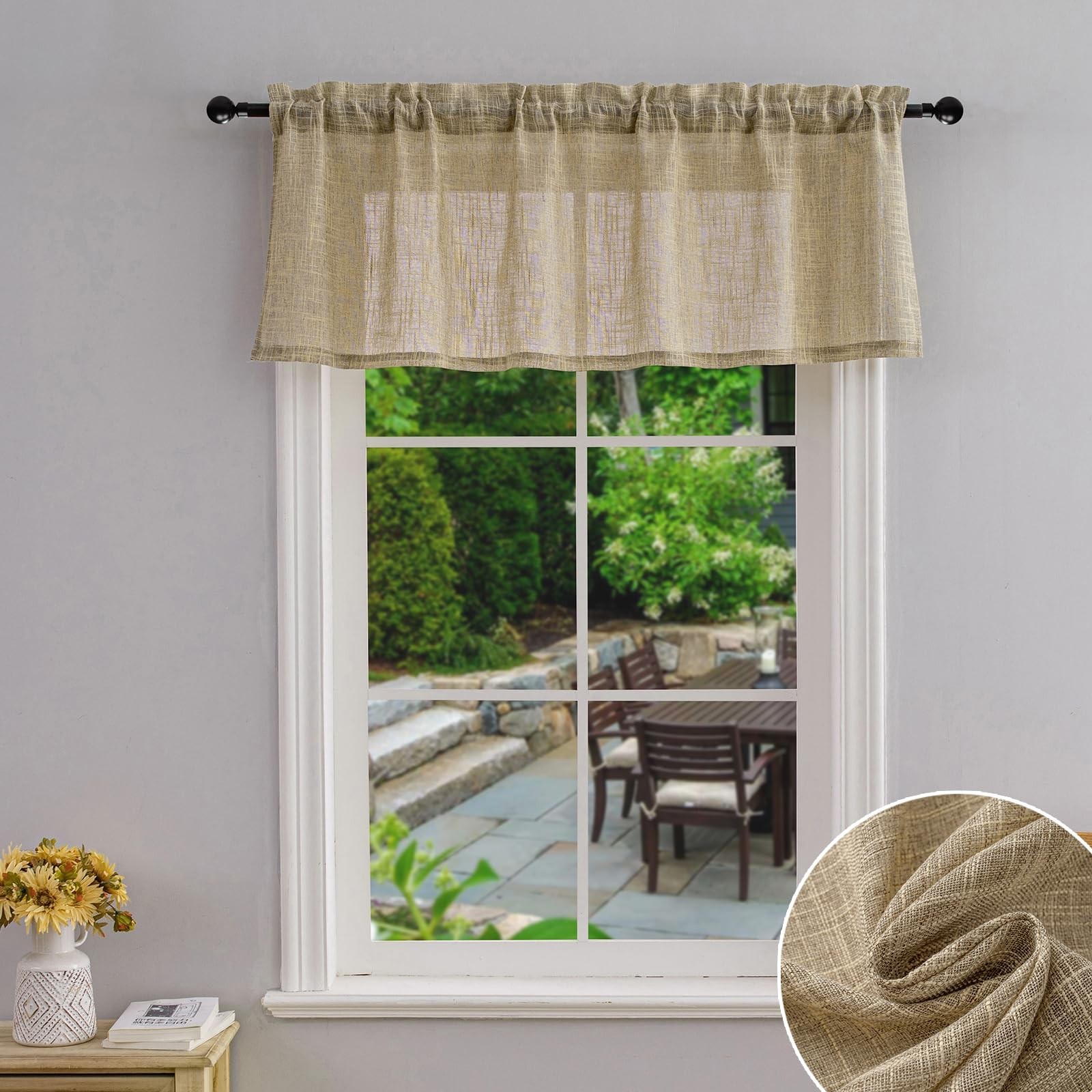 Beda Home Linen Textured Curtain Valance for Kitchen Living Room; Light Filte…
