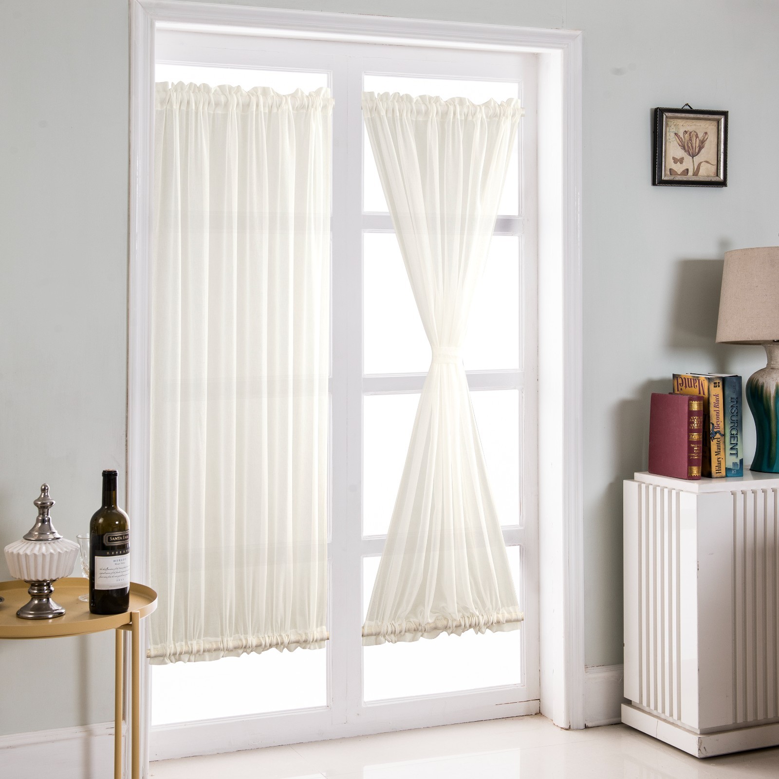 2 Panels White French Door Curtains Faux Linen Sheer Drapes, Including Tiebacks