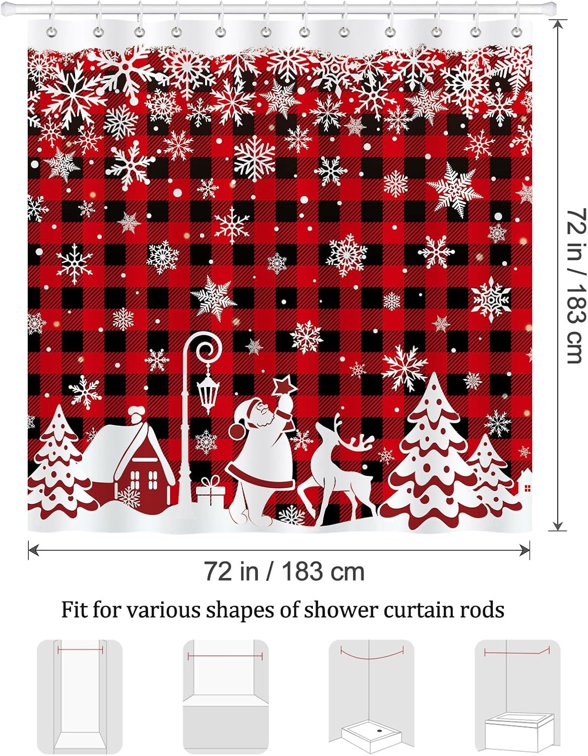 Christmas Shower Curtain, Winter Snowflakes Xmas Village Santa Red Black Plaid