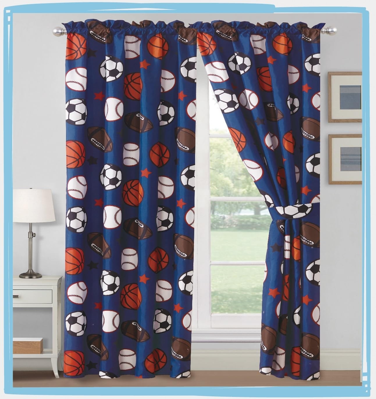 WPM Sports Curtains for Boys Bedroom : 4 Piece Blue Curtain Set with Panel an…