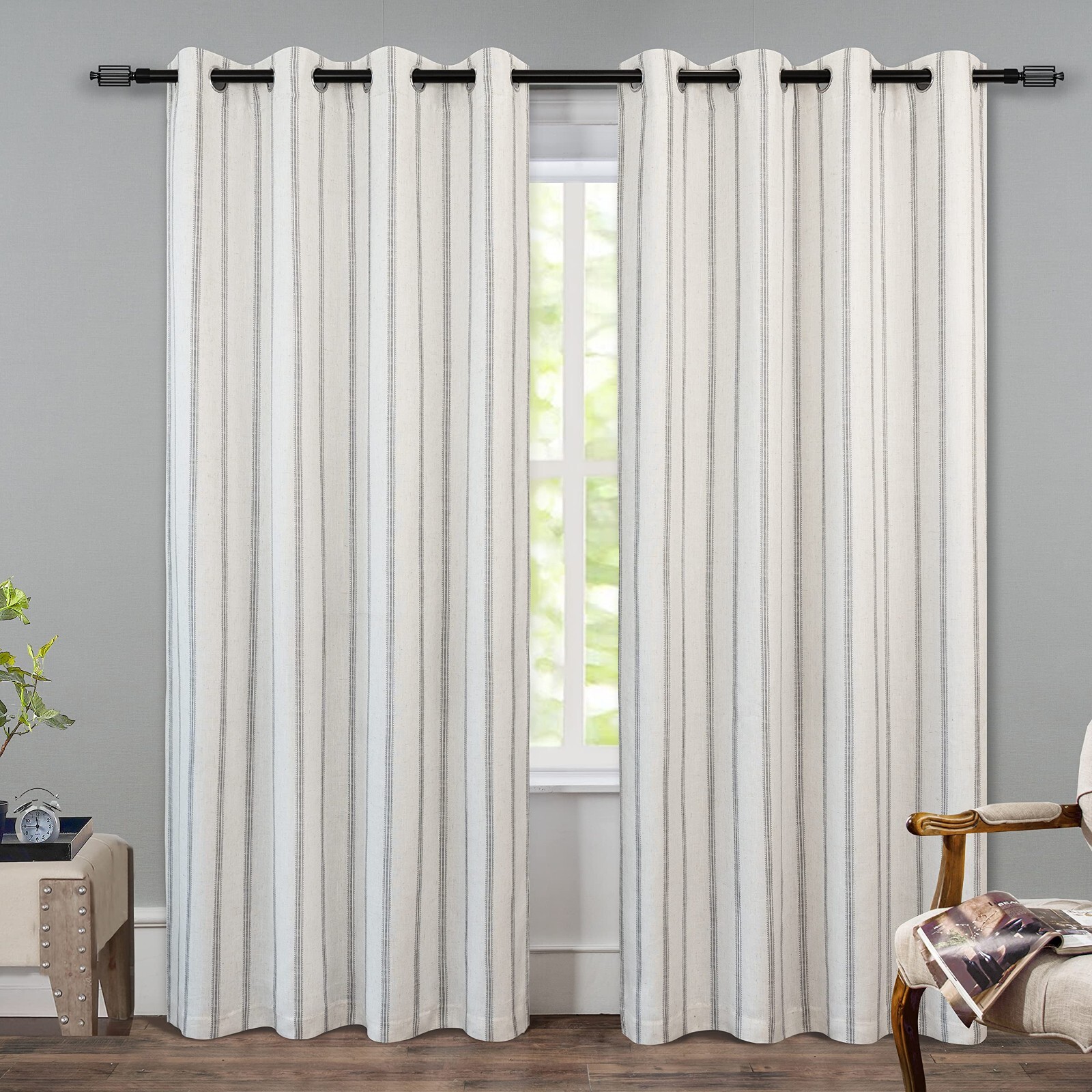 2 Panels Farmhouse Vertical Striped Linen Blackout Curtain Thermal Grommet Drape