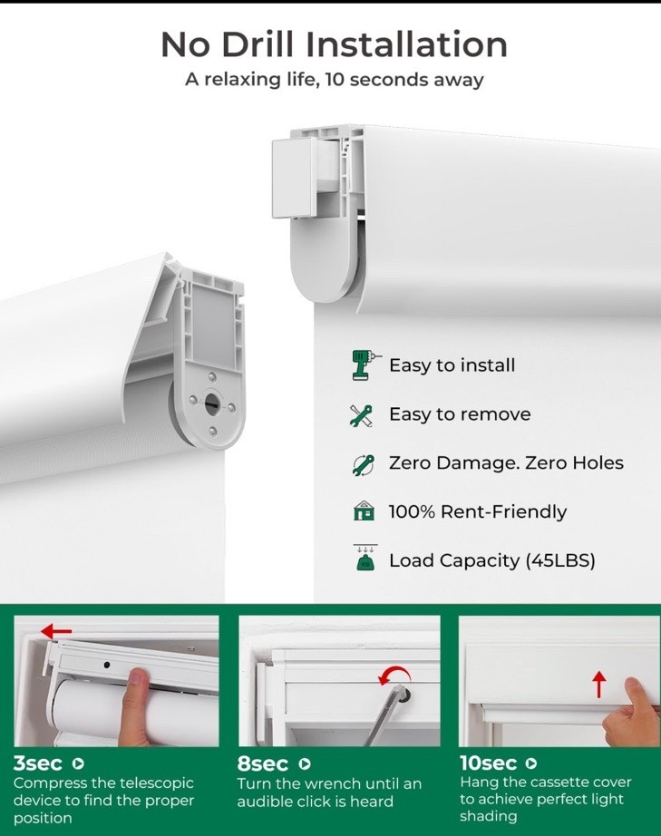 Allesin Motorized Blinds No Drill Automatic Roller Shades w/ Remote White 34×72