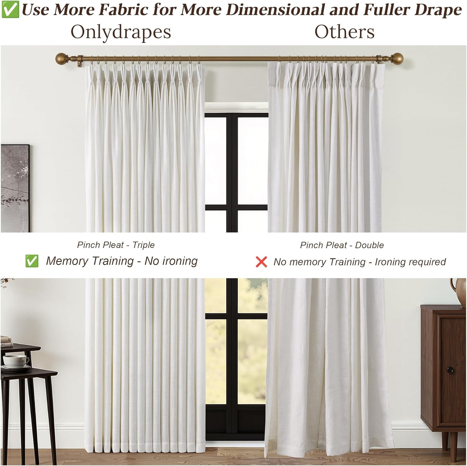 Triple Pinch Pleated Curtains for Living Room 90 Inch Linen Curtains 2 Panels Se