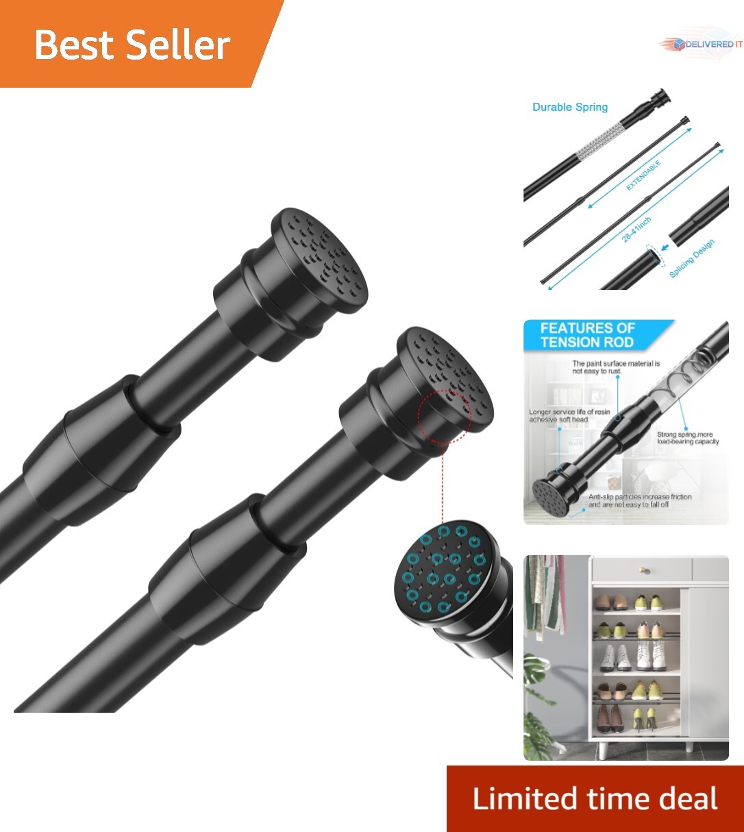 Spring Tension Curtain Rods Black 27-40 Inches 2 Pack Adjustable Heavy Duty