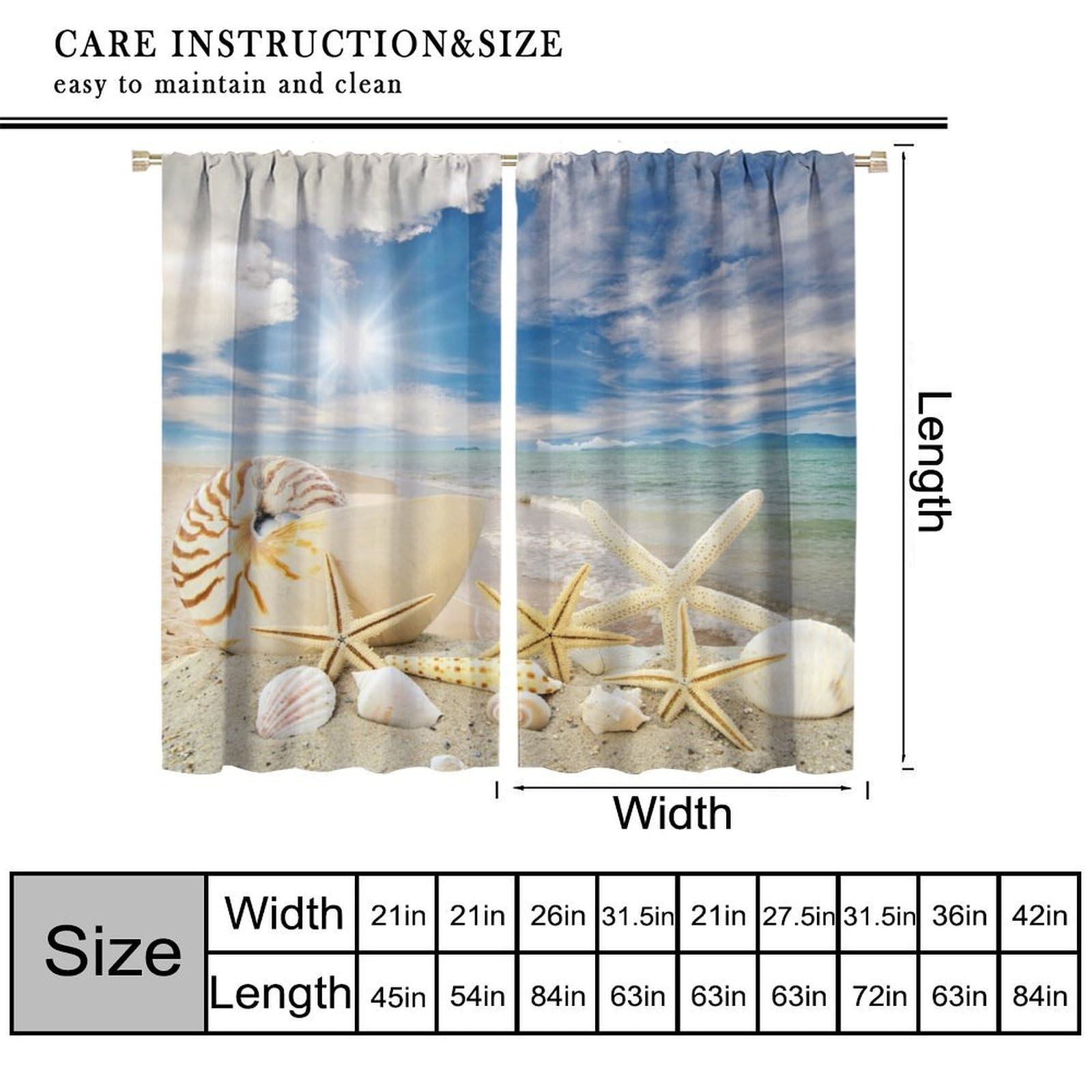 Summer Beach Window Curtain, Starfish Shells Holiday Seaside Print Curtain fo…