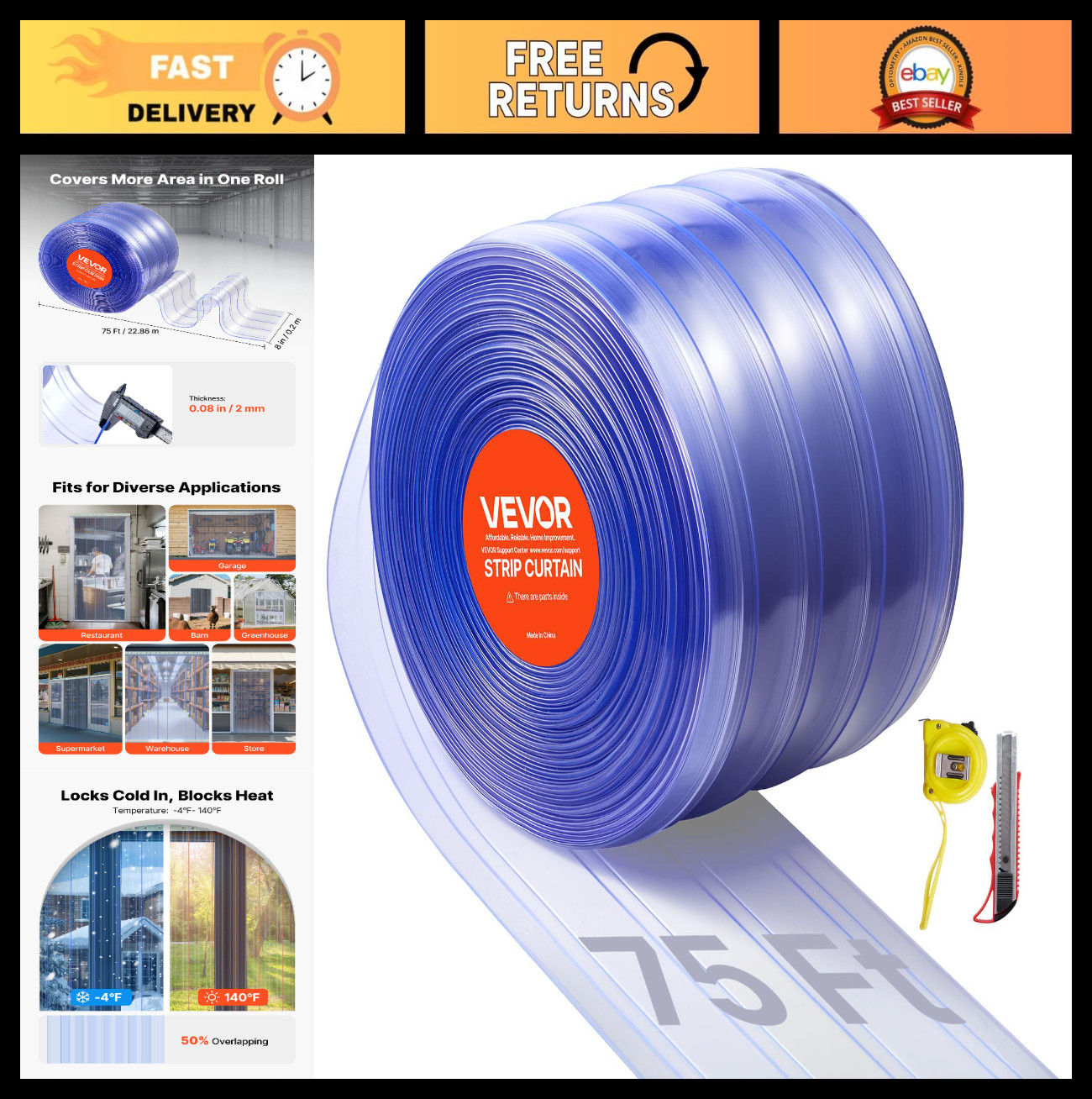 Clear PVC Strip Curtain 75ft x 8in – Ribbed Plastic Door Strips for Freezers, Wa