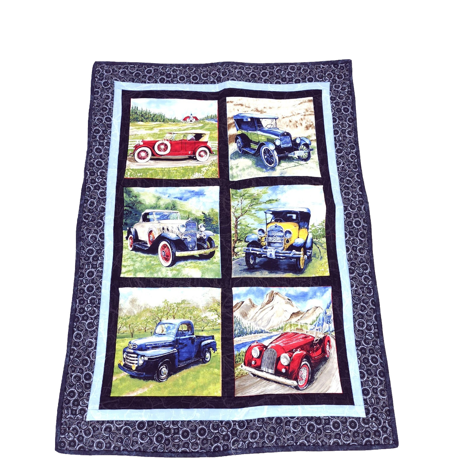 Antique Cars Quilted Panel Blue Red Hanging Wall Window Quilt Classic Cars
