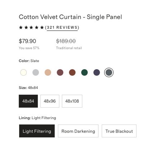 NWOT QUINCE Slate Cotton Velvet Minimalist Modern Single Panel Curtain 48X84 $80