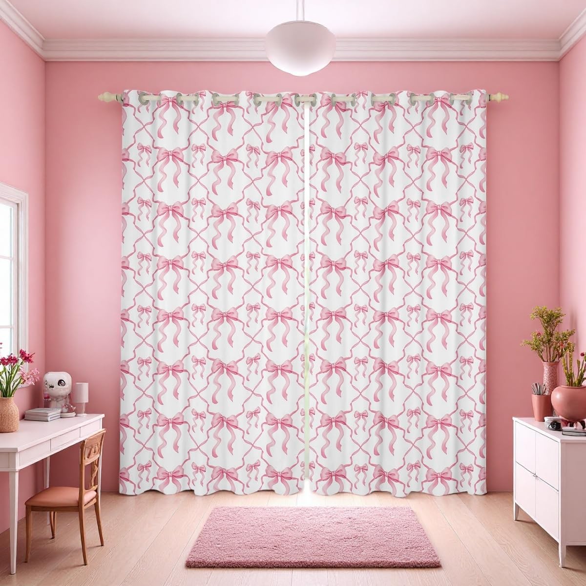 Pink Bow Room Darkening Blackout Curtains for Teen Women,Cute Ribbon Bowknot …